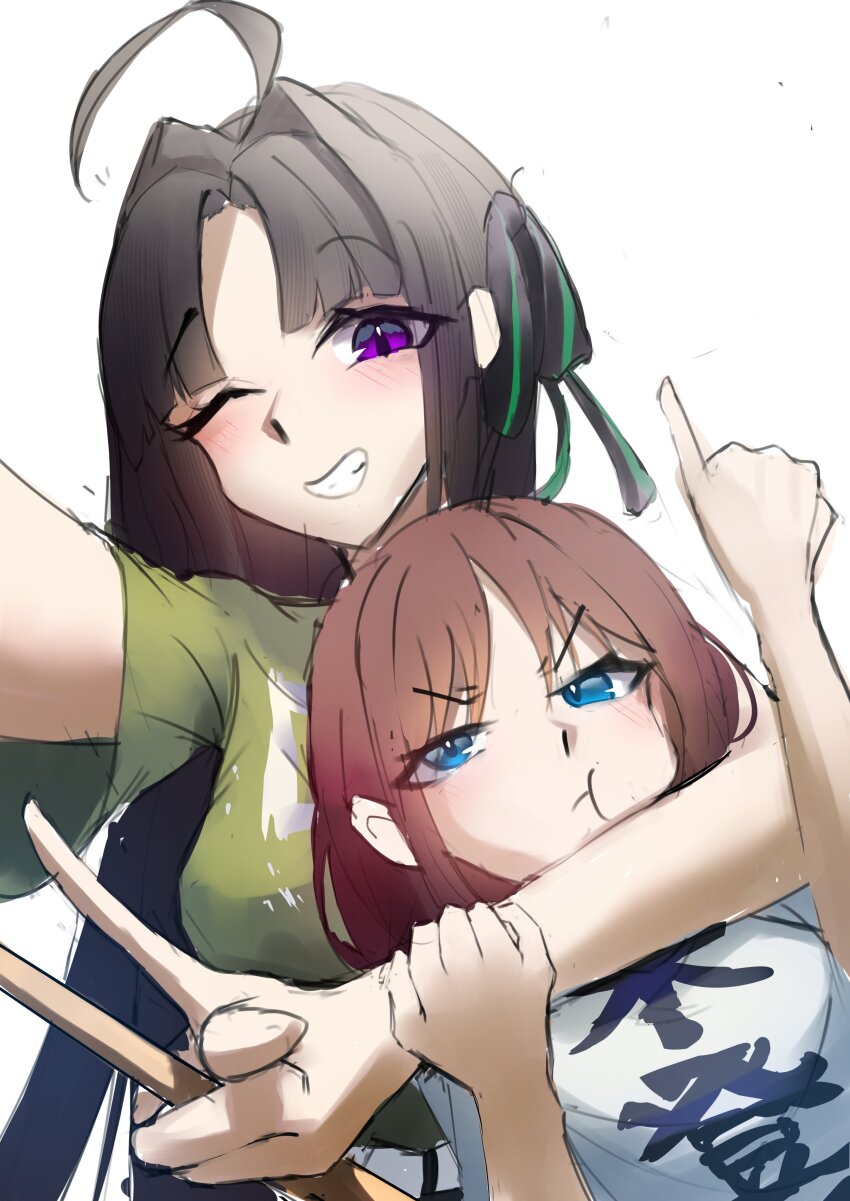 2girls absurdres ahoge arm_around_neck awa_subaru black_ribbon blush breasts brown_hair clenched_teeth clothes_writing commentary drumsticks girls_band_cry green_shirt hair_ribbon hashtag-only_commentary highres holding holding_drumsticks iseri_nina long_hair looking_at_viewer medium_breasts multiple_girls one_eye_closed parted_bangs pinky_out purple_eyes ribbon selfie shirt short_hair short_sleeves sidelocks simple_background teeth translation_request white_background white_shirt yuki_(yuki_yu_owo)