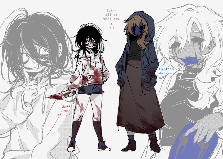 2girls black_eyes black_hair black_socks blood blood_on_clothes blue_footwear blue_jacket blue_mask blue_shorts brown_hair brown_skirt creepypasta empty_eyes eyelashes eyeless_jack full_body genderswap genderswap_(mtf) highres hood hood_down hooded_jacket hoodie jacket jeff_the_killer lactoseuniverse long_hair long_sleeves multiple_girls parted_lips shoes shorts simple_background skirt smile socks white_background white_hoodie wide-eyed