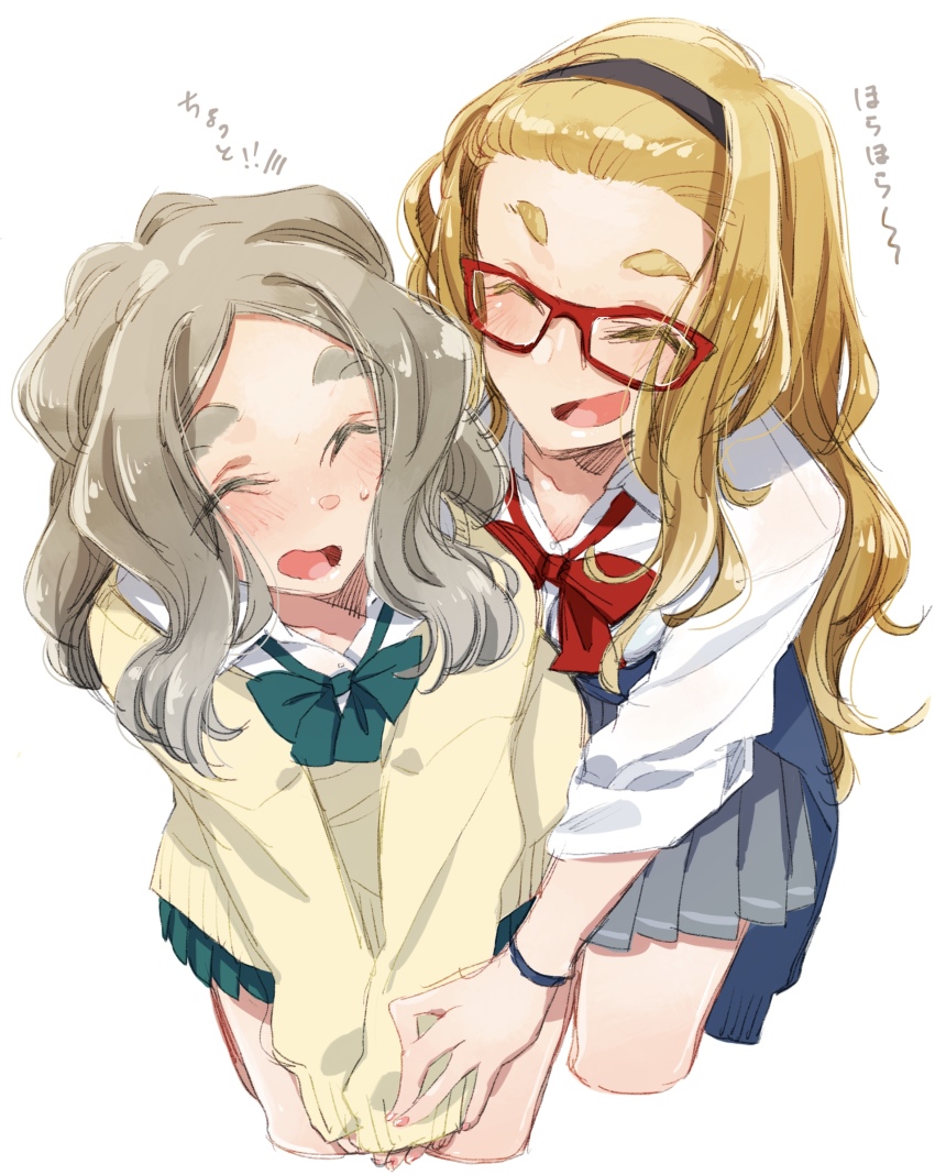 2girls absurdres blonde_hair borrowed_character chibikko_(morihito) closed_eyes dekomegane glasses heart highres long_sleeves morihito multiple_girls open_mouth original pleated_skirt red-framed_eyewear school_uniform simple_background skirt sleeves_past_wrists smile sweater thick_eyebrows white_background