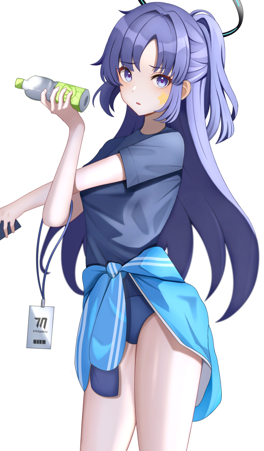 1girl absurdres black_shirt blue_archive blue_buruma blue_eyes blue_jacket blush breasts buruma commentary gym_uniform halo highres jacket kenomotsu_yukuwa long_hair looking_at_viewer mechanical_halo official_alternate_costume purple_eyes purple_hair shirt short_sleeves simple_background solo sticker_on_face track_jacket yuuka_(blue_archive) yuuka_(track)_(blue_archive)