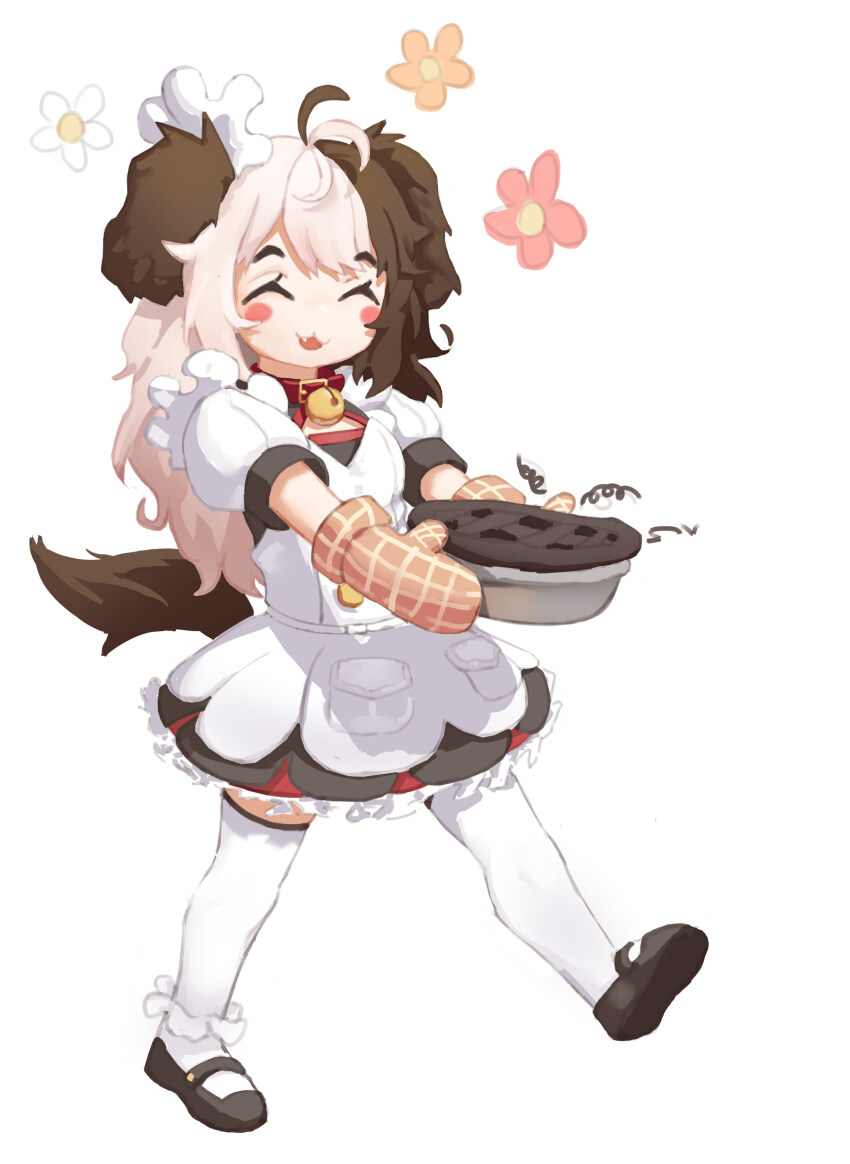 1girl aged_down animal_ears antenna_hair bell black_shoes blush breasts brown_gloves brown_hair closed_eyes collar commentary dog_ears dog_girl dog_tail dress facing_viewer fang flower food foot_up frilled_dress frills full_body gloves greentree grey_hair hachiko_of_castling highres holding jingle_bell last_origin long_hair maid mary_janes multicolored_hair neck_bell open_mouth orange_flower pie red_collar red_flower shoes simple_background small_breasts solo split-color_hair tail thighhighs two-tone_hair white_background white_dress white_flower white_thighhighs