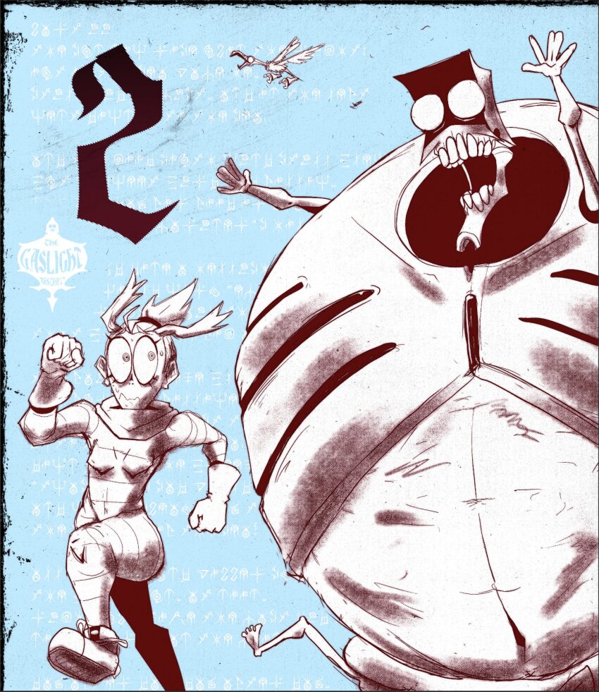 aqua_background bandaged_arm bandaged_chest bandaged_leg bandaged_torso bandaged_waist bandages barefoot bird breasts chasing clenched_hand closed_mouth commentary countdown covered_navel curtained_hair english_commentary english_text eyelashes fake_text fewer_digits fleeing flying frown fulltimeseagull glitch_productions gloves hair_tie half_updo highres logo medium_breasts monster monster_girl narrow_waist no_humans nostrils numbered open_mouth outstretched_arms police ponytail promotional_art rotling_(the_gaslight_district) shoes short_ponytail skinny small_pupils small_sweatdrop sneakers teeth the_gaslight_district toes undead