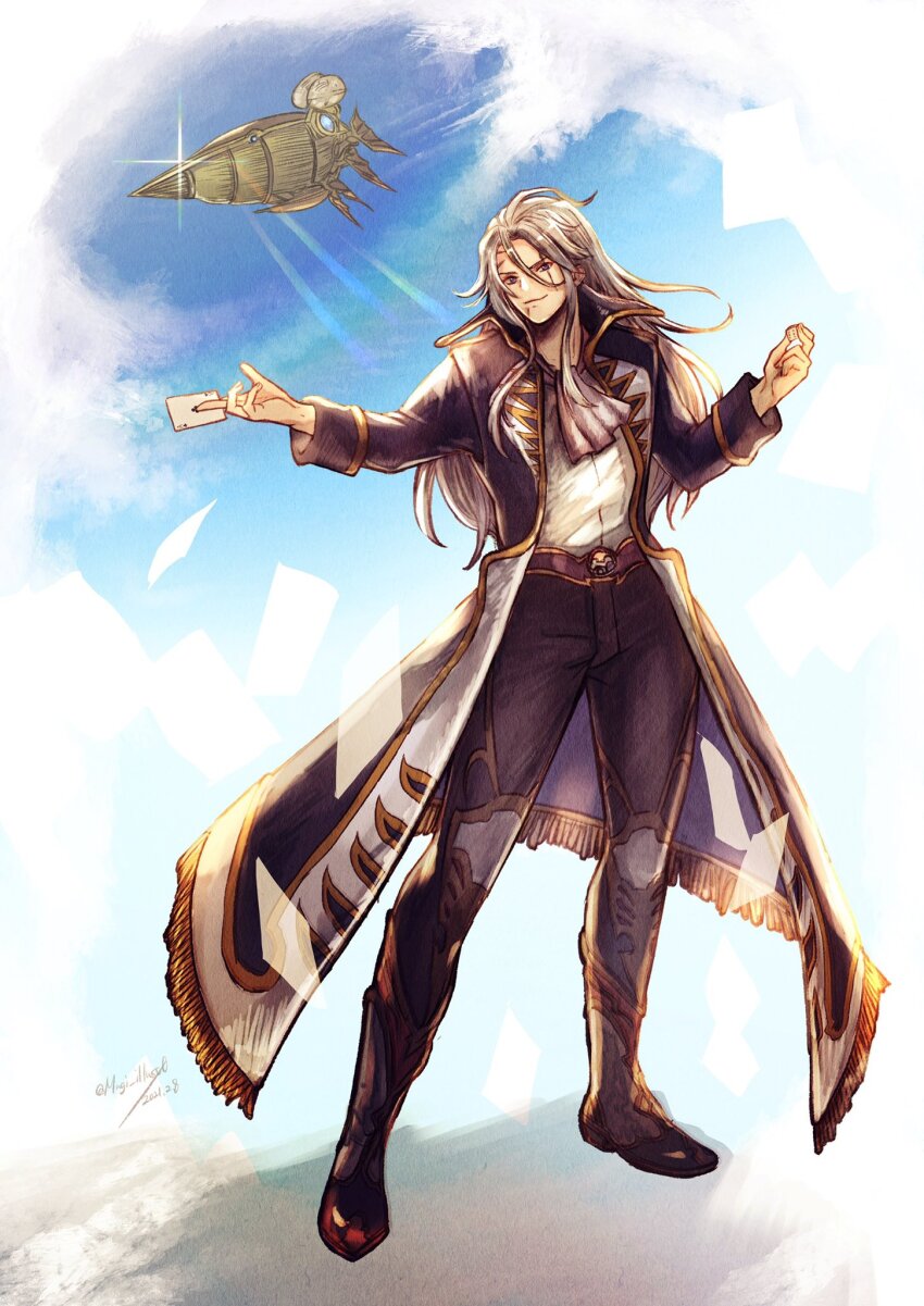 1boy ace_(playing_card) ace_of_clubs aircraft airship ascot black_boots boots card club_(shape) final_fantasy final_fantasy_vi grey_hair hair_between_eyes highres holding holding_card komugiko_no_mori long_hair long_jacket long_sleeves male_focus outdoors pants playing_card scar scar_on_face setzer_gabbiani shirt smile solo sparkle twitter_username white_shirt