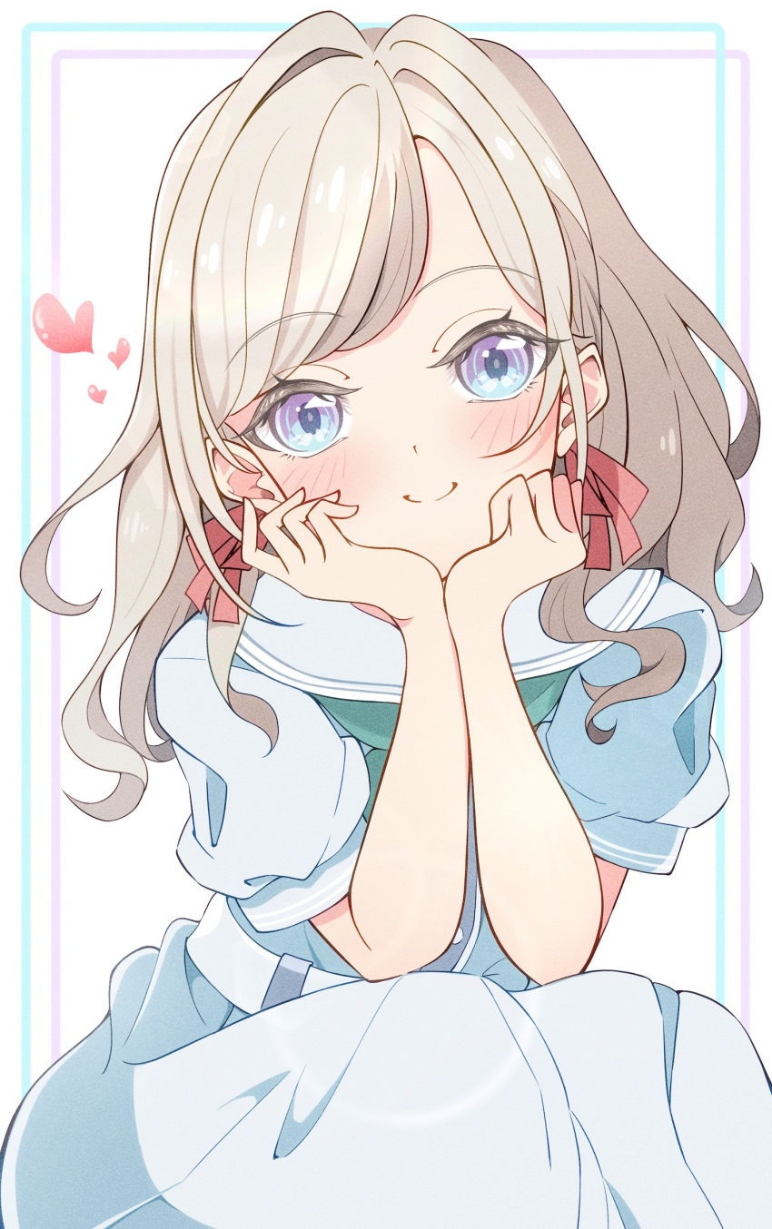 1girl aqua_neckerchief blue_dress blue_eyes blush c: ceras_yanagida_lilienfeld closed_mouth commentary_request dress feet_out_of_frame grey_hair hair_ribbon hands_on_own_cheeks hands_on_own_face hasu_no_sora_school_uniform heart highres kentotto link!_like!_love_live! long_hair looking_at_viewer love_live! neckerchief pink_ribbon puffy_short_sleeves puffy_sleeves ribbon sailor_collar sailor_dress school_uniform short_sleeves simple_background smile solo split_mouth squatting summer_uniform virtual_youtuber white_background white_sailor_collar