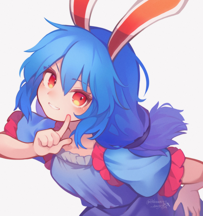 1girl animal_ears blue_dress blue_hair blush chikuwa_savy colored_lineart dress frilled_sleeves frills grey_background grin hand_on_own_hip highres index_finger_raised long_hair looking_at_viewer rabbit_ears red_eyes seiran_(touhou) short_sleeves signature simple_background smile solo touhou twitter_username upper_body