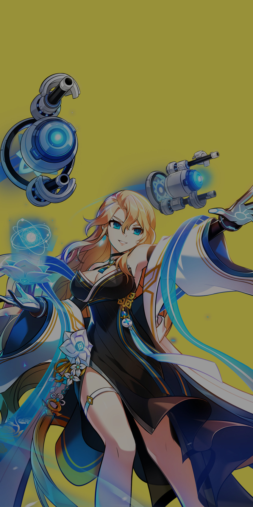 1girl bare_legs belt belt_buckle black_choker black_dress black_gloves blonde_hair blue_eyes breasts buckle choker cleavage coat collared_coat determined dress elsword energy_ball eyelashes feet_out_of_frame gloves gold_buckle hair_between_eyes highres hwansang lapels large_breasts long_hair long_sleeves looking_ahead magic notched_lapels official_art open_clothes open_coat open_mouth outstretched_arm robot rose_(elsword) second-party_source short_dress side_slit simple_background smile solo teeth thigh_belt thigh_strap two-tone_gloves very_long_hair wavy_hair white_belt white_coat white_gloves wide_sleeves yellow_background