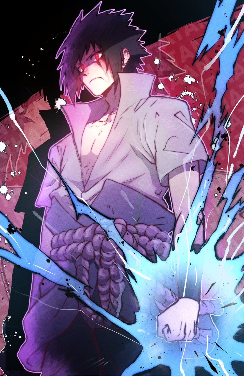 1boy black_hair chidori_(naruto) clenched_hand closed_mouth commentary corrupted_twitter_file electricity highres japanese_clothes male_focus mangekyou_sharingan naruto_(series) naruto_shippuuden red_eyes sharingan short_hair short_sleeves solo thatamaan uchiha_sasuke