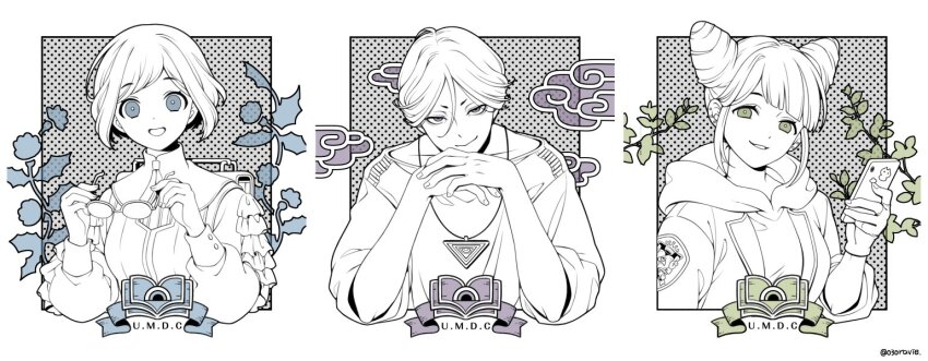 030ravie 1boy 2girls cloud collared_shirt cone_hair_bun copyright_name diagonal_bangs double_bun frilled_shirt frilled_sleeves frills fukurai_azami glasses hair_bun hands_up holding holding_phone holding_removed_eyewear hood hood_down jasmine_(toshi_densetsu_kaitai_center) leaf long_sleeves looking_at_viewer meguriya_ayumu multiple_girls open_mouth own_hands_together partially_colored phone shirt short_hair smile toshi_densetsu_kaitai_center triangle_necklace unworn_eyewear upper_body