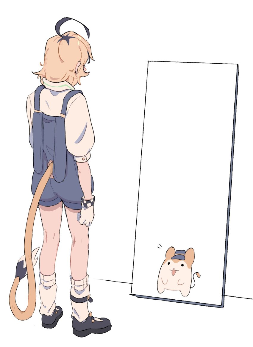 1girl addendium ahoge blonde_hair blue_overalls different_reflection dooby_(jerboa)_(vtuber) dooby_(vtuber) dual_persona female_focus gloves highres indie_virtual_youtuber looking_at_mirror mirror mouse_girl mouse_tail overalls reflection short_hair simple_background solo tail virtual_youtuber white_background white_gloves