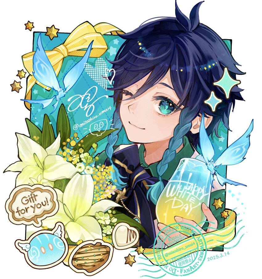 1boy absurdres anemo_slime_(genshin_impact) antenna_hair aqua_eyes aqua_shirt artist_name black_bow black_bowtie black_hair blue_hair bow bowtie braid candy cecilia_flower_(genshin_impact) chocolate chocolate_heart closed_mouth collared_shirt commentary_request cookie crystalfly_(genshin_impact) cup dated drink flower food genshin_impact gradient_hair hair_between_eyes hand_up happy_white_day heart heart-shaped_food highres holding holding_cup looking_at_viewer male_focus medium_hair misoshiru_umai4 multicolored_hair one_eye_closed ribbon shirt side_braids signature slime_(genshin_impact) smile solo star_(symbol) twin_braids twitter_username upper_body venti_(genshin_impact) vest watermark white_chocolate white_flower white_vest yellow_bow yellow_ribbon