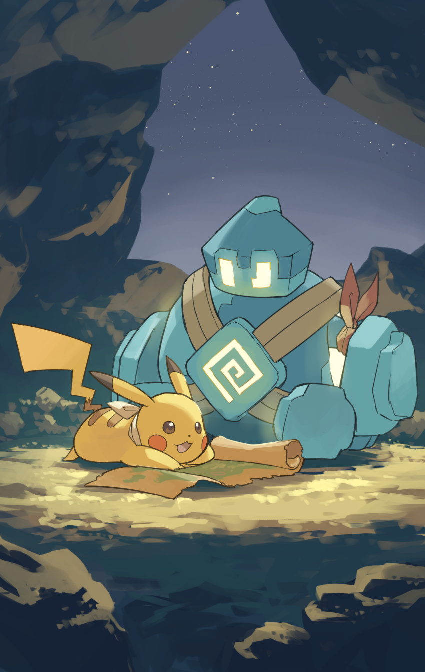 cave colored_skin commentary_request gen_1_pokemon gen_5_pokemon glowing glowing_eyes golem golett highres lying map neckerchief night night_sky nintendo no_humans on_stomach open_mouth pikachu pokemon pokemon_(creature) pokemon_mystery_dungeon sky smile star_(sky) tail white_neckerchief yamaori_(hakkentai_pokedan) yellow_skin