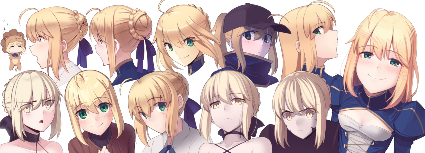 =_= absurdres ahoge animal_costume armor artoria_pendragon_(fate) baseball_cap black_choker blonde_hair blue_dress blush boa_(brianoa) braid braided_bun breasts brown_sweater chibi choker cleavage_cutout closed_mouth clothing_cutout dark_persona dress eyes_visible_through_hair fate/grand_order fate/stay_night fate/tiger_colosseum fate_(series) gradient_background green_eyes grey_background grey_headwear hair_bun hair_ribbon happy hat highres lion_costume long_hair looking_at_viewer multiple_expressions multiple_persona mysterious_heroine_x_(fate) open_mouth parted_lips profile purple_ribbon ribbon saber_(fate) saber_alter saber_alter_(final_ascension) sidelocks small_breasts smile sweater turtleneck white_background wide-eyed yellow_eyes
