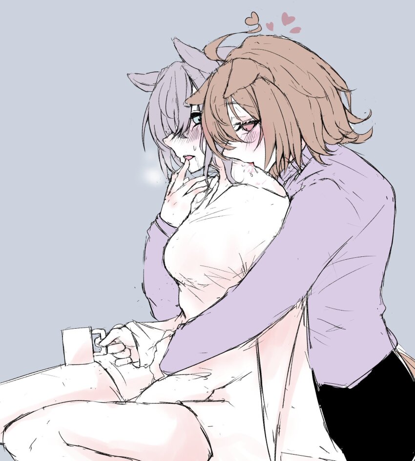 2girls agnes_tachyon_(umamusume) animal_ears black_skirt blue_eyes blush breasts brown_eyes brown_hair commentary_request dress feet_out_of_frame female_trainer_(umamusume) grey_background grey_hair heart highres hisagi_(hisagi00) horse_ears horse_girl hug hug_from_behind looking_at_another medium_breasts multiple_girls open_mouth purple_shirt shirt short_hair simple_background sitting skirt trainer_(umamusume) umamusume white_dress yuri