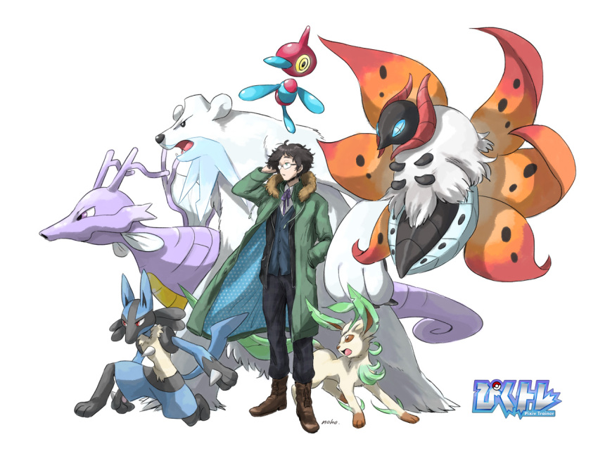 artist_name beartic black_eyes black_hair black_pants blue_eyes brown_eyes brown_footwear coat copyright_name fur_trim gen_2_pokemon gen_4_pokemon gen_5_pokemon glasses green_coat hand_in_pocket hand_up kingdra leafeon lucario matsuri6373 messy_hair nintendo open_mouth pants pixiv_trainer pokemon pokemon_(creature) porygon-z red_eyes standing vest volcarona white_background yellow_eyes