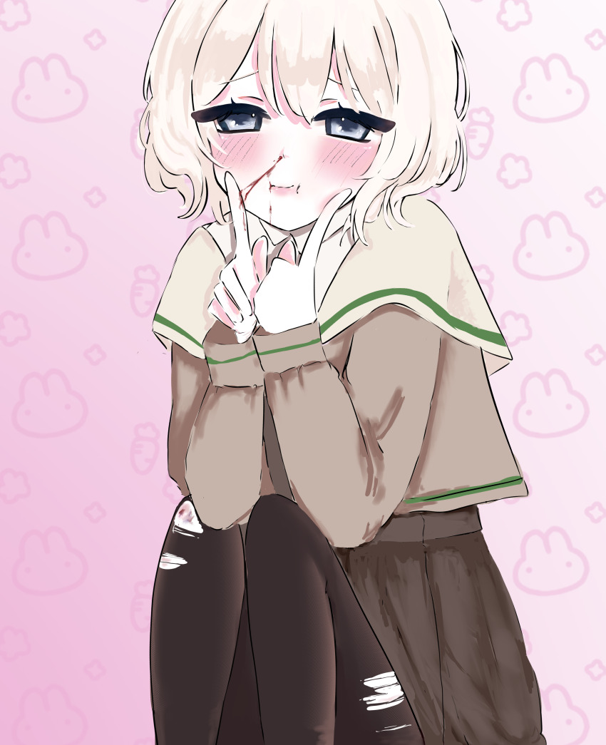 1girl :t absurdres black_dress black_pantyhose blood blood_on_face blood_on_hands blood_on_leg blood_trail blue_eyes blush brown_cardigan cardigan closed_mouth dress hanamura_hinako hand_on_own_hip hands_up highres imminent_vomiting index_finger_raised injury kitanai_kimi_ga_ichiban_kawaii long_sleeves looking_at_viewer nosebleed pantyhose scraped_knee short_hair solo torn_clothes torn_pantyhose usa6iww white_hair