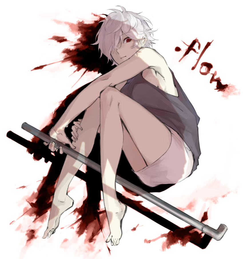 .flow 1girl absurdres armpits bare_legs barefoot blood blood_splatter blood_stain closed_mouth commentary copyright_name dress empty_eyes english_text expressionless fingernails full_body grey_dress hair_over_one_eye heel_up highres holding holding_lead_pipe holding_own_leg holding_weapon knees knees_together_feet_apart knees_up lead_pipe left-handed legs looking_down looking_to_the_side medium_hair messy_hair miniskirt red_eyes sabitsuki shaded_face shadow short_hair simple_background skirt sleeveless sleeveless_dress solo sukuya_(suxuya) weapon white_background white_hair white_skirt