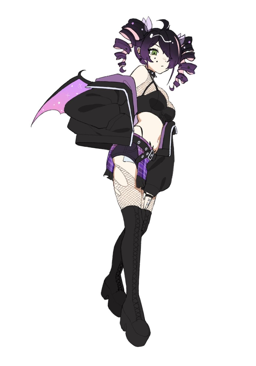 1girl ahoge animal_collar arched_back ass asymmetrical_bangs bare_shoulders bat_wings belt belt_buckle black_belt black_boots black_bustier black_collar black_jacket black_panties black_skirt black_trim black_wings boots breasts buckle cleavage closed_mouth collar colored_inner_hair commentary dot_nose drill_hair ear_piercing earrings english_commentary exposed_pocket eyebrows_hidden_by_hair facial_mark fashion_style_request fingerless_gloves fishnet_thighhighs fishnet_top fishnets floating frilled_skirt frills from_below from_side frown full_body furrowed_brow gloves goth_fashion gradient_hair gradient_wings green_eyes hair_ornament hair_over_one_eye half-closed_eyes half-skirt hand_in_pocket hand_on_own_thigh hand_up high_heel_boots high_heels highleg highleg_panties highres ichika_maia indie_virtual_youtuber jacket jewelry karassawa knees_together_feet_apart lace-up_boots light_frown long_eyelashes long_legs long_sleeves looking_down looking_to_the_side lowleg lowleg_shorts lowleg_skirt medium_breasts medium_hair micro_shorts midriff miniskirt multicolored_hair multicolored_jacket multicolored_wings multiple_piercings multiple_rings narrowed_eyes navel off-shoulder_jacket off_shoulder open_clothes open_jacket over-kneehighs panties panty_straps parted_bangs piercing pink_hair pink_streaks plaid_clothes plaid_skirt platform_boots platform_heels puffy_long_sleeves puffy_sleeves purple_hair purple_jacket purple_shorts purple_skirt purple_wings ring serious shorts shorts_under_skirt sidelocks simple_background single_hair_streak skirt sleeveless sleeves_past_wrists solo spiked_collar spikes spread_wings star_(symbol) star_facial_mark star_hair_ornament star_tattoo stomach studded_belt tattoo thick_eyelashes thigh_boots thighhighs thighs torn_clothes torn_thighhighs twin_drills two-sided_fabric two-sided_jacket two-tone_hair two-tone_jacket two-tone_skirt two-tone_wings underwear v-shaped_eyebrows virtual_youtuber white_background wing_hair_ornament wings