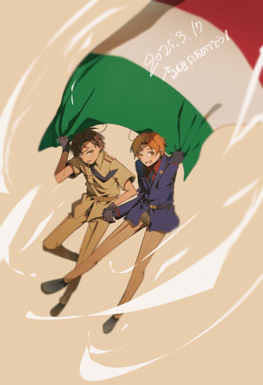 2boys ahoge axis_powers_hetalia belt black_belt black_gloves black_necktie black_shoes blue_jacket breast_pocket brothers brown_background brown_belt brown_hair brown_pants brown_shirt collared_shirt commentary_request dated flag floating_clothes flower_ornament full_body gloves hand_up highres holding holding_flag holding_hands italian_flag jacket kiri_no1020 lapels long_sleeves looking_at_viewer male_focus multiple_boys necktie northern_italy_(hetalia) one_eye_closed open_mouth orange_eyes orange_hair pants pocket red_shirt shirt shoes short_hair short_sleeves siblings simple_background smile southern_italy_(hetalia) standing teeth twins yellow_eyes
