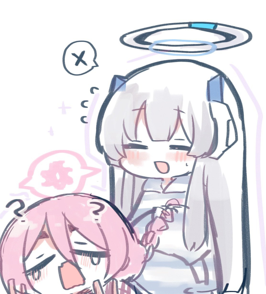 2girls ? adjusting_another&#039;s_hair alternate_costume alternate_hairstyle blue_archive blush blush_stickers braiding_hair closed_eyes commentary_request crying fang flying_sweatdrops grey_pajamas hair_between_eyes hairdressing halo headset highres koyuki_(blue_archive) long_hair mechanical_halo multiple_girls natsu_ya_mugi noa_(blue_archive) pajamas pink_hair pink_halo short_eyebrows simple_background skin_fang sparkle spoken_x striped_clothes striped_pajamas sweatdrop thick_eyebrows thick_outlines tying_another&#039;s_hair white_background white_hair