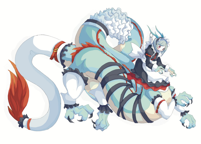 1girl 4138 apron arm_belt back_bow belt black_dress blue_horns bow centauroid claws commentary_request dress frills full_body green_hair horn_ornament horn_ring horns long_sleeves maid monster_girl multiple_tails original red_belt red_eyes short_hair simple_background solo tail tail_sock taur two_tails waist_apron white_apron white_background white_bow