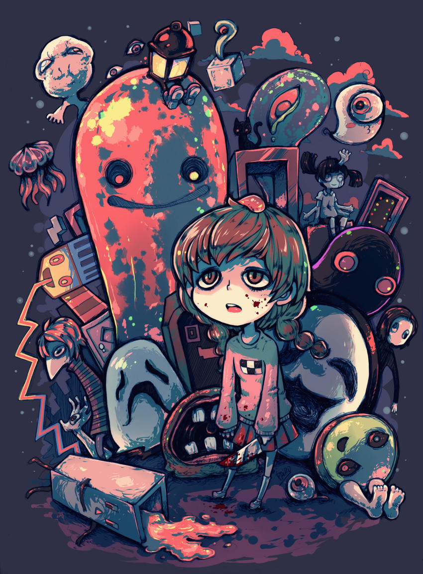 1boy 2girls absurdres artist_name blob blood blood_on_face braid brown_hair cat cloud cloudy_sky door everyone eyeball highres holding holding_weapon jellyfish kasei-san kitchen_knife kneehighs knife kyukkyu-kun left-handed madotsuki medamaude monoko monster multiple_girls open_mouth parororo pink_shirt pleated_skirt revision sanpaku sekomumasada_sensei shirt skirt sky socks tokuto-kun toriningen twin_braids uboa weapon yume_nikki
