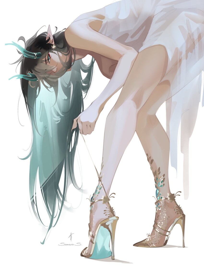 1boy bent_over black_hair commentary crossdressing dan_heng_(honkai:_star_rail) dan_heng_(imbibitor_lunae)_(honkai:_star_rail) dress eastern_dragon_horns english_commentary gold_shoes green_eyes green_hair green_horns high_heels highres honkai:_star_rail honkai_(series) horns knees_together_feet_apart legs long_hair male_focus multicolored_hair pointy_ears pulling_own_clothes shoes signature simple_background sofia_(saminsecretlol) solo stiletto_heels strappy_heels two-tone_hair white_background white_dress
