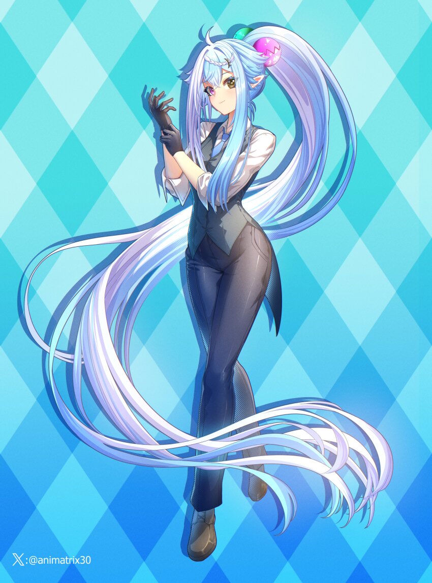 1girl absurdres adjusting_clothes adjusting_gloves ahoge animatrix aquwa black_gloves black_pants blue_hair blue_necktie braid breasts brown_eyes brown_shoes checkered_background clock_eyes closed_mouth collared_shirt commentary crossed_bangs english_commentary formal_clothes full_body gloves gradient_hair grey_vest hair_ornament heterochromia highres indie_virtual_youtuber light_smile long_hair long_sidelocks long_sleeves looking_at_viewer medium_breasts multicolored_hair necktie pants planet_hair_ornament pointy_ears ponytail purple_eyes shirt shoes sidelocks sleeves_rolled_up solo symbol-shaped_pupils tight_clothes tight_pants twitter_username two-tone_hair untucked_shirt very_long_hair vest virtual_youtuber white_hair white_shirt