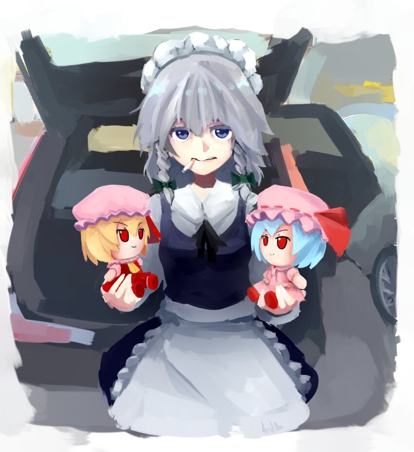 1girl 4rdilla absurdres apron black_dress blue_eyes braid car cigarette doll dress flandre_scarlet fumo_(doll) grey_hair highres holding holding_doll izayoi_sakuya maid_apron maid_headdress meme motor_vehicle remilia_scarlet shirt solo touhou twin_braids waist_apron white_apron white_shirt willem_dafoe_holding_oranges_(meme)