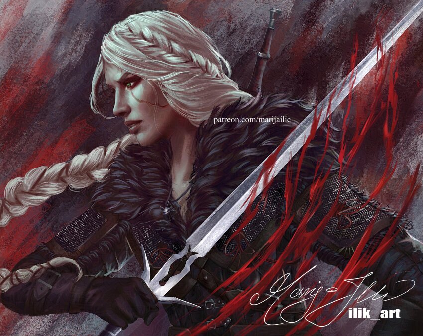 1girl absurdres art_ilik black_gloves blood blood_splatter braid braided_ponytail ciri facial_scar gloves green_eyes highres holding holding_sword holding_weapon long_hair scar scar_on_cheek scar_on_face signature solo sword the_witcher_(series) the_witcher_4 upper_body weapon white_hair