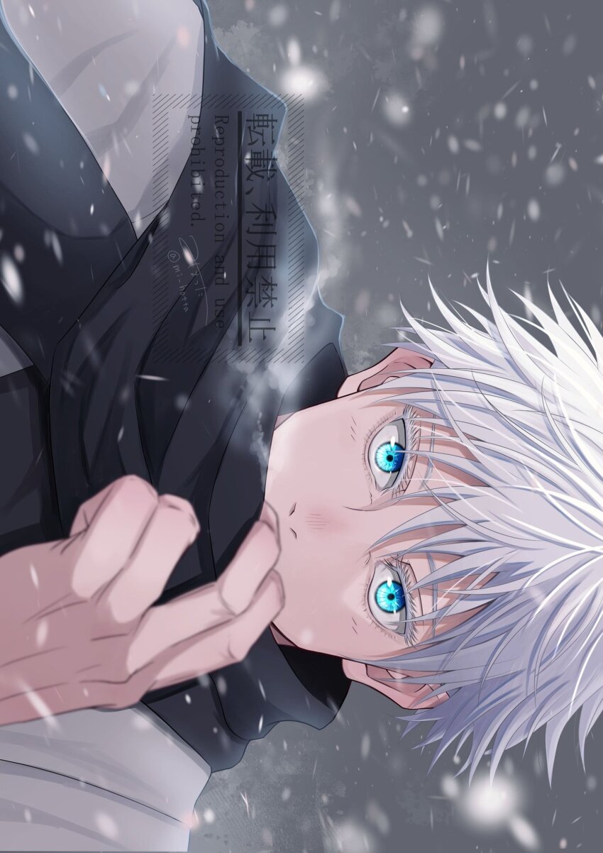 1boy black_scarf blue_eyes covered_mouth gojou_satoru grey_background highres jujutsu_kaisen looking_at_viewer male_focus mi_hotta portrait robe scarf short_hair snow solo two-tone_robe watermark white_hair