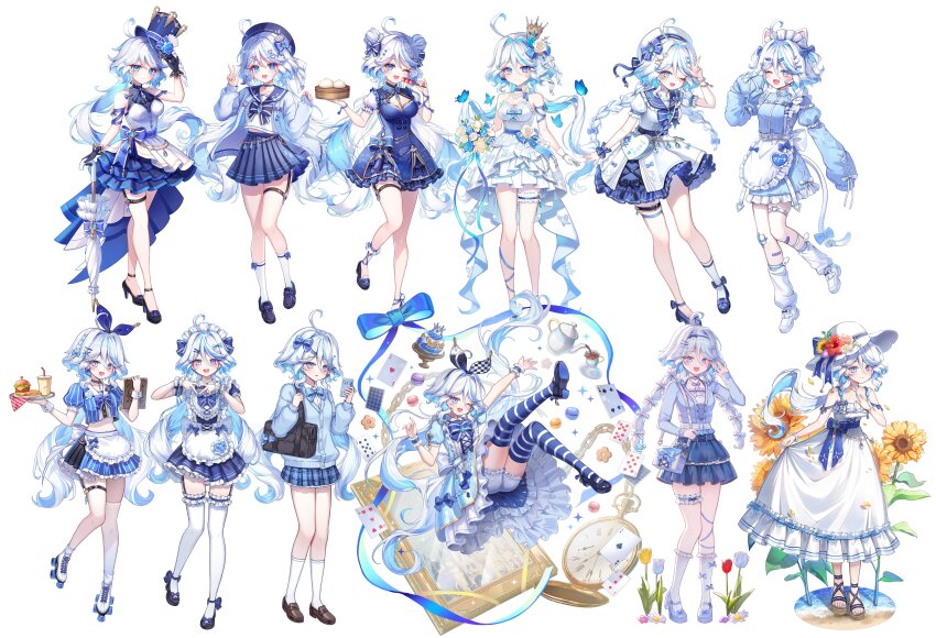 &quot;pour_la_justice&quot;_(genshin_impact) 1girl :d ;d ^_^ absurdres ace_(playing_card) ace_of_clubs ace_of_hearts ahoge alternate_costume alternate_hairstyle animal_ears apron ascot bag black_bag black_garter_straps black_gloves black_shoes bloomers blue_ascot blue_bow blue_butterfly blue_dress blue_eyes blue_flower blue_gemstone blue_hair blue_hat blue_jacket blue_nails blue_pupils blue_shoes blue_skirt blue_thighhighs blush bouquet bow braid breasts brown_shoes bug burger butterfly card cat_ears cellphone closed_eyes closed_mouth club_(shape) collarbone commentary_request crop_top crown cup disposable_cup double_bun dress drinking_straw drop-shaped_pupils enmaided fake_animal_ears five_of_diamonds five_of_hearts flower food footwear_bow four-finger_heart_hands four_of_clubs french_fries frilled_apron frilled_hairband frilled_wrist_cuffs frills full_body furina_(genshin_impact) garter_straps gem genshin_impact gloves hair_between_eyes hair_bow hair_bun hair_ornament hairband hairclip hand_on_headwear hand_on_own_chest hat hat_flower hayun heart heart_hands heterochromia high_heels highres holding holding_bouquet holding_food holding_phone holding_tray holding_umbrella insect invisible_chair jacket korean_commentary long_hair long_sleeves looking_at_viewer macaron maid maid_headdress medium_breasts midriff mini_crown multicolored_hair multiple_views nail_polish nine_of_clubs one_eye_closed open_clothes open_jacket open_mouth outstretched_arm parted_lips phone playing_card pleated_skirt puffy_short_sleeves puffy_sleeves shoes short_sleeves shoulder_bag sitting skirt skirt_hold sleeveless sleeveless_dress sleeves_past_fingers sleeves_past_wrists smile socks standing standing_on_one_leg streaked_hair symbol-shaped_pupils teacup teapot teardrop-shaped_gem teeth ten_of_hearts thigh_strap thighhighs three_of_diamonds toenail_polish toenails tray twin_braids umbrella underwear upper_teeth_only v very_long_hair w waist_apron white_bag white_bloomers white_bow white_dress white_flower white_gloves white_hair white_hairband white_jacket white_shoes white_socks white_thighhighs white_umbrella white_wrist_cuffs wrist_cuffs