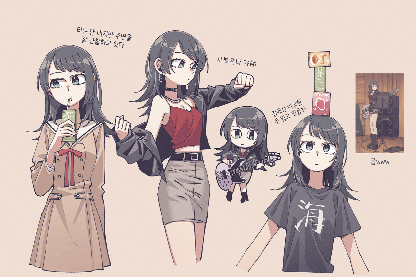 1girl balancing bang_dream! bang_dream!_it&#039;s_mygo!!!!! belt black_belt black_choker black_footwear black_jacket black_shirt boots brown_background buttons chain chain_necklace chibi choker closed_mouth drinking earrings electric_guitar film_grain full_body grey_eyes grey_skirt guitar hanasakigawa_school_uniform highres instrument jacket jewelry korean_text long_hair long_sleeves navel necklace neonfloyd o-ring o-ring_choker print_shirt red_ribbon red_tank_top reference_inset ribbon sailor_collar school_uniform shirt short_sleeves sidelocks single_earring skirt spaghetti_strap t-shirt tank_top variations white_sailor_collar yahata_umiri