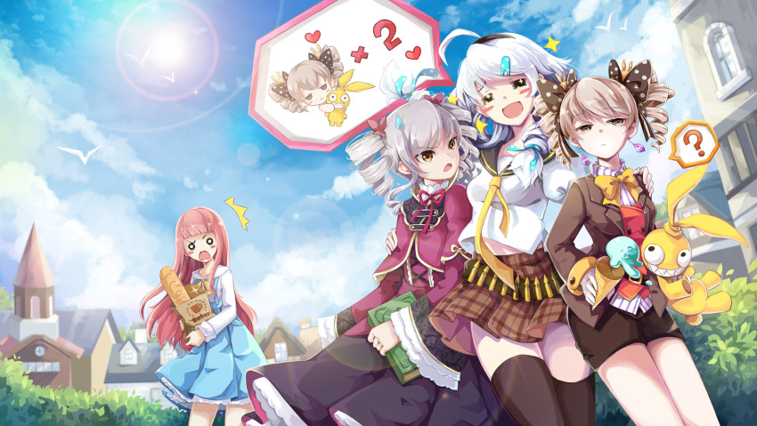 4girls ahoge benghuai_xueyuan bird black_thighhighs blue_sky book bow bread bronya_zaychik brown_eyes building character_name character_request cloud crossover drill_hair earrings food grey_eyes grey_hair hair_bow hair_ornament hairband hairclip highres holding holding_book holding_food holding_ice_cream holding_stuffed_toy homu_(honkai_impact) honkai_(series) ice_cream jewelry kiana_kaslana long_hair multiple_girls nikki_(series) nikki_up2u2:_world_traveller official_art outdoors pink_hair skirt sky stuffed_toy thighhighs third-party_source trait_connection twin_drills white_hair