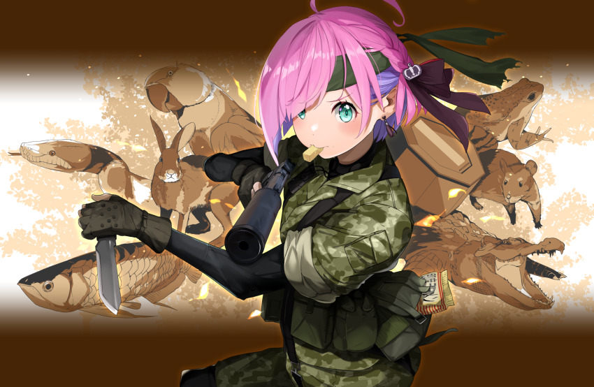 1girl ahoge animal bird black_ribbon blue_eyes braid caloriemate camouflage camouflage_jacket camouflage_pants cosplay crocodile crocodilian dual_wielding earrings fingerless_gloves fish food_in_mouth frog gloves green_ribbon gun hair_ribbon handgun highres himemori_luna holding holding_gun holding_knife holding_weapon hololive jacket jewelry knife metal_gear_(series) metal_gear_solid_3:_snake_eater mouse_(animal) pants parrot pouch rabbit ribbon sleeves_rolled_up snake solid_snake solid_snake_(cosplay) sora_no_tori suppressor tassel tassel_earrings virtual_youtuber weapon