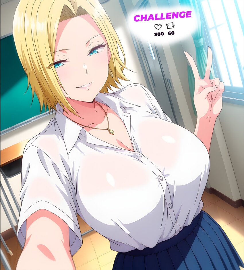 1girl blonde_hair blue_eyes blue_skirt blush breasts gyaru hamazaki_reina highres imaizumin-chi_wa_douyara_gal_no_tamariba_ni_natteru_rashii nori_gorou school_uniform short_hair skirt smile