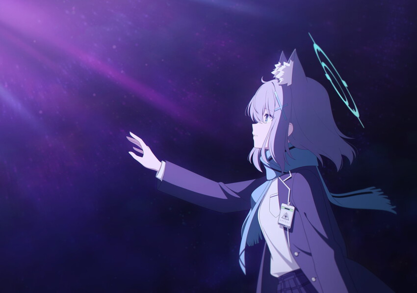 1girl animal_ear_fluff animal_ears black_skirt blue_archive blue_eyes blue_halo blue_jacket blue_necktie blue_scarf cross_hair_ornament extra_ears grey_hair hair_ornament halo highres id_card jacket long_hair necktie non-web_source official_art plaid_clothes plaid_skirt reaching scarf shiroko_(blue_archive) shirt skirt solo white_shirt wolf_ears wolf_girl