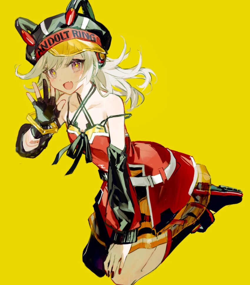 1girl bare_shoulders black_gloves chocoan gloves hat highres kneeling original partially_fingerless_gloves short_hair solo yellow_bckground