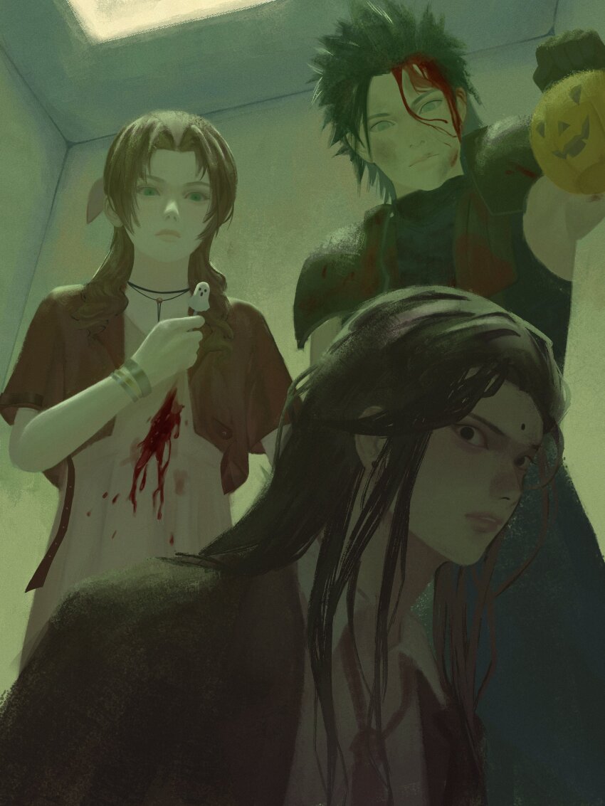 1girl 2boys absurdres aerith_gainsborough armor bangle black_gloves black_hair black_jacket black_suit blood blood_on_chest blood_on_clothes blood_on_face bracelet brown_hair bruise bruise_on_face candy choker closed_mouth collared_shirt commentary dress dress_shirt drill_hair drill_sidelocks english_commentary final_fantasy final_fantasy_vii final_fantasy_vii_rebirth final_fantasy_vii_remake food formal_clothes fumelex gloves hair_ribbon halloween highres holding holding_candy holding_food indoors injury jacket jewelry lips long_hair looking_at_another loose_necktie multiple_boys necktie open_clothes open_jacket parted_bangs parted_lips pink_dress pink_ribbon pumpkin red_jacket ribbon shirt short_sleeves shoulder_armor sidelocks sleeveless sleeveless_turtleneck spiked_hair suit suit_jacket sweater tseng turks_(ff7) turtleneck turtleneck_sweater upper_body white_shirt zack_fair