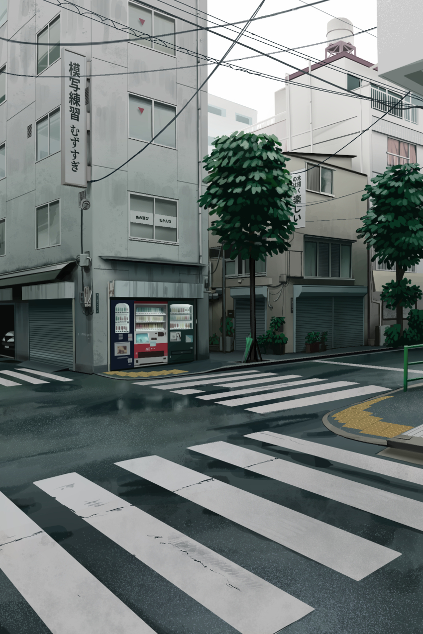 building channel_(caststation) city crosswalk day garage highres leaf no_humans number-only_commentary original outdoors overcast power_lines railing road scenery sidewalk sign sky tree window