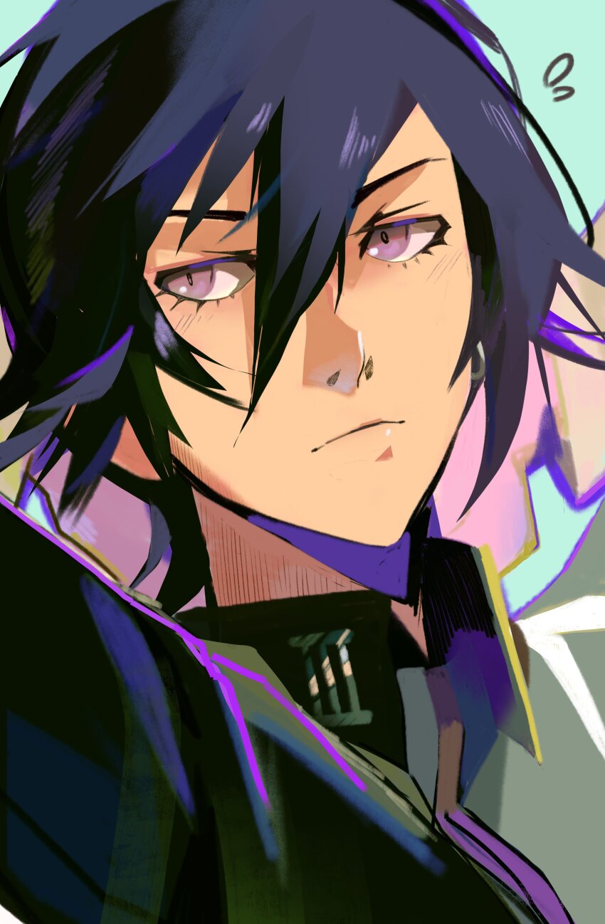 1boy absurdres blue_hair closed_mouth collared_jacket commentary dark_blue_hair dutch_angle english_commentary eyelashes frown highres jacket long_sleeves looking_to_the_side lower_eyelashes_only male_focus nem_graphics persona persona_2 popped_collar purple_eyes sideways_glance solo toudou_naoya