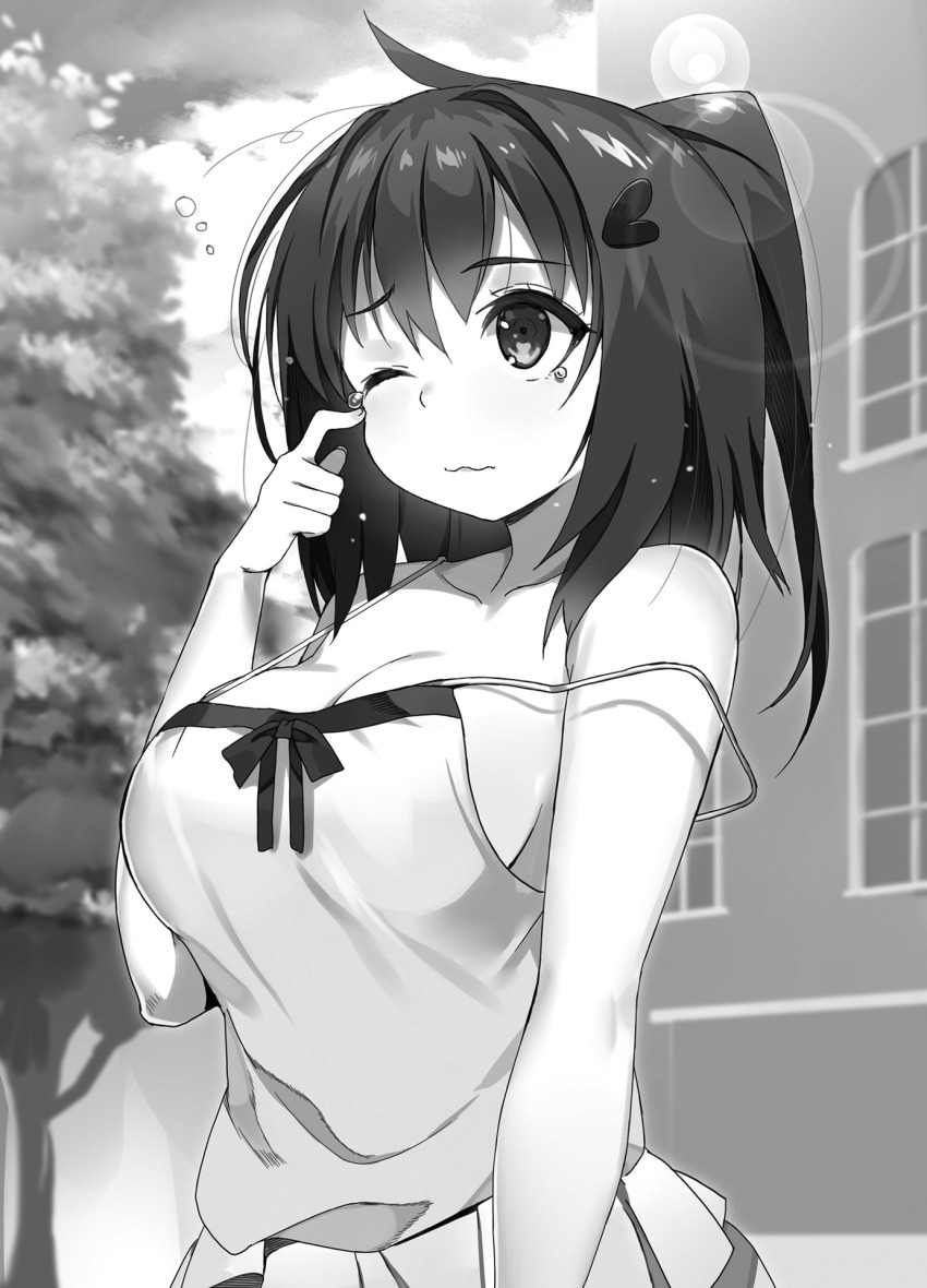 1girl ahoge bare_shoulders breasts building buta_koushaku camisole closed_mouth collarbone cowboy_shot greyscale hair_ornament hairpin hand_on_own_face highres large_breasts medium_hair monochrome nauribon one_eye_closed pleated_skirt ponytail ribbon short_ponytail skirt solo tearing_up tina_(buta_koushaku) tree waking_up wavy_mouth