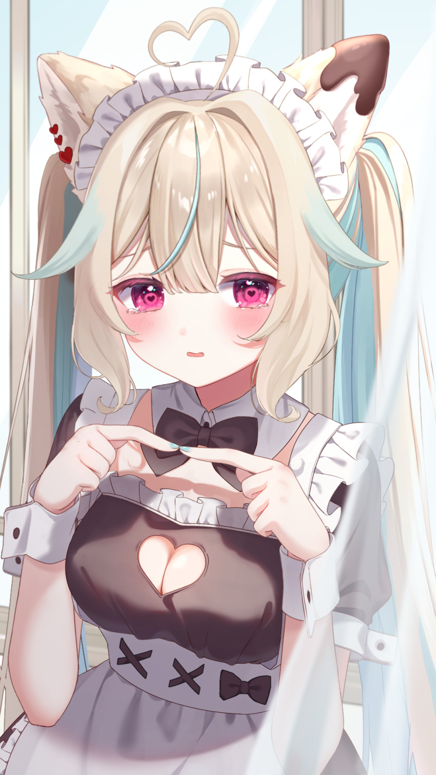 1girl ahoge amakami_konomi amakami_konomi_(artist) animal_ears apron aqua_hair aqua_nails black_bow black_bowtie black_dress blonde_hair blush bow bowtie breasts chocolate chocolate_on_body cleavage_cutout clothing_cutout collar colored_inner_hair detached_collar dog_ears dress food_on_body frilled_apron frills hair_flaps hair_intakes heart heart-shaped_pupils heart_ahoge heart_cutout highres index_fingers_together long_hair looking_to_the_side maid maid_headdress medium_breasts million_production multicolored_hair parted_lips pink_eyes solo symbol-shaped_pupils tearing_up twintails two-tone_hair upper_body very_long_hair virtual_youtuber white_apron white_collar