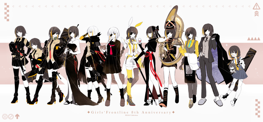 6+girls absurdres alcohol animal_ears apron aqua_necktie armband assault_rifle bag black_apron black_coat black_dress black_footwear black_gloves black_jacket black_necktie black_pants black_ribbon black_shirt black_skirt black_socks black_suit blue_necktie blue_skirt blunt_bangs body_armor book boots bow braid breasts brown_bag brown_footwear brown_hair brown_vest bullet bullet_necklace cane cleavage coat collarbone colored_shoe_soles cup dress drinking_glass eyepatch flute formal_clothes french_horn full_body girls&#039;_frontline gloves gun hair_bow hair_ribbon headset high_heels highres holding holding_bag holding_book holding_cane holding_coat holding_cup holding_flute holding_instrument holding_towel holding_tray holding_unworn_clothes holding_weapon hood hooded_jacket instrument jacket jewelry knee_boots light_smile long_braid long_hair long_sleeves looking_at_viewer m16 m16a1 m16a1_(blazer_of_the_trail)_(girls&#039;_frontline) m16a1_(blazing_sun_on_the_ruins)_(girls&#039;_frontline) m16a1_(boss)_(girls&#039;_frontline) m16a1_(fairy_kingdom_brew)_(girls&#039;_frontline) m16a1_(girls&#039;_frontline) m16a1_(special_agent_gets_no_day_off)_(girls&#039;_frontline) m16a1_(the_one-eyed_rabbit_knight)_(girls&#039;_frontline) mole mole_under_eye multicolored_hair multicolored_skirt multiple_girls necklace necktie no_eyepatch pants partially_fingerless_gloves particle_cannon_case ponytail rabbit_ears rabbit_tail red_necktie red_ribbon red_wine ribbon rifle scar scar_across_eye scar_on_face school_uniform shadow71580825 shirt short_hair single_thighhigh skirt sleeveless sleeveless_dress slippers smile socks strapless strapless_dress streaked_hair suit tail thighhighs towel tray unworn_coat v-neck vest weapon white_gloves white_hair white_jacket white_shirt white_socks white_vest wine wine_glass yellow_armband yellow_boots yellow_eyes yellow_necktie yellow_shirt
