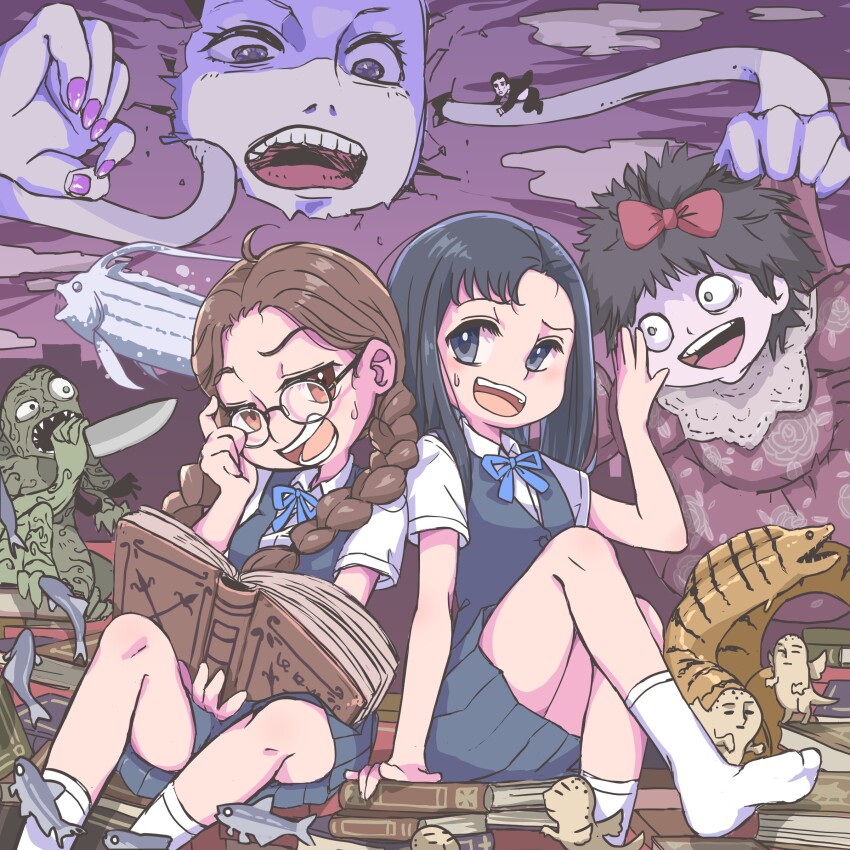 absurdres black_eyes black_hair book bow braid brown_eyes brown_hair character_request dress fish hair_bow highres holding holding_book holding_knife knife kureijii_saiko oarfish open_mouth purple_nails red_bow school_uniform shiori_to_shimiko sitting skirt smile twin_braids