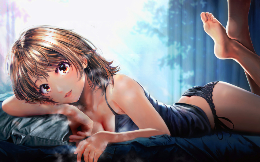 1girl absurdres barefoot black_camisole black_panties breasts brown_hair camisole cleavage commentary_request curtains feet grace16 highres isshiki_iroha legs_up looking_at_viewer lying medium_hair on_bed on_stomach panties soles solo the_pose underwear yahari_ore_no_seishun_lovecome_wa_machigatteiru.