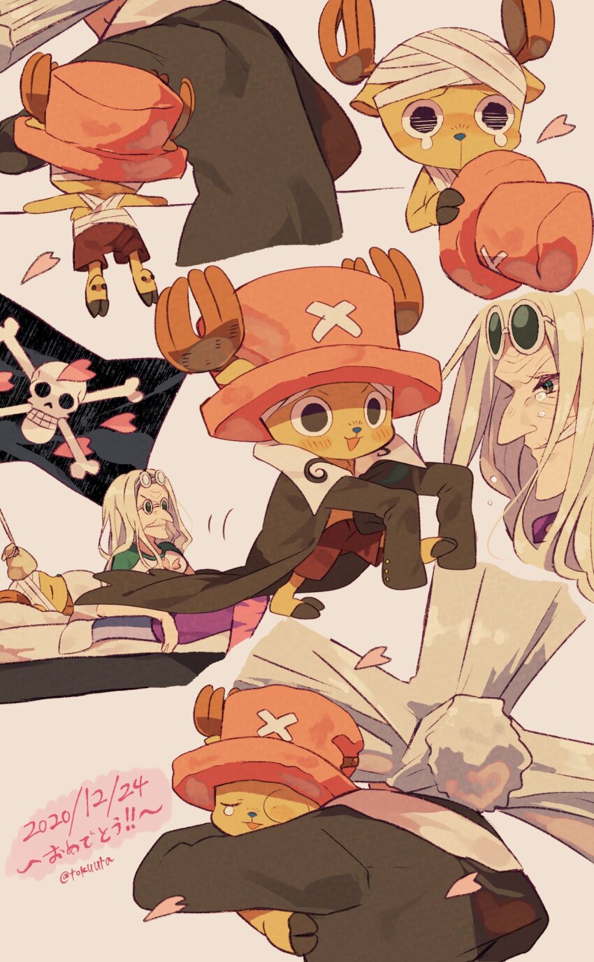 1girl 2boys antlers back bandages bed black_coat cherry_blossoms closed_eyes coat commentary_request cross crying crying_with_eyes_open dated dr._hiluluk dr._kureha eyewear_on_head flag hat highres holding holding_unworn_clothes holding_unworn_hat horns hug injury long_hair lying multiple_boys one_piece petals pink_hat pink_petals profile reindeer_antlers smile sunglasses tears tokuura tony_tony_chopper twitter_username unworn_hat unworn_headwear white_hair