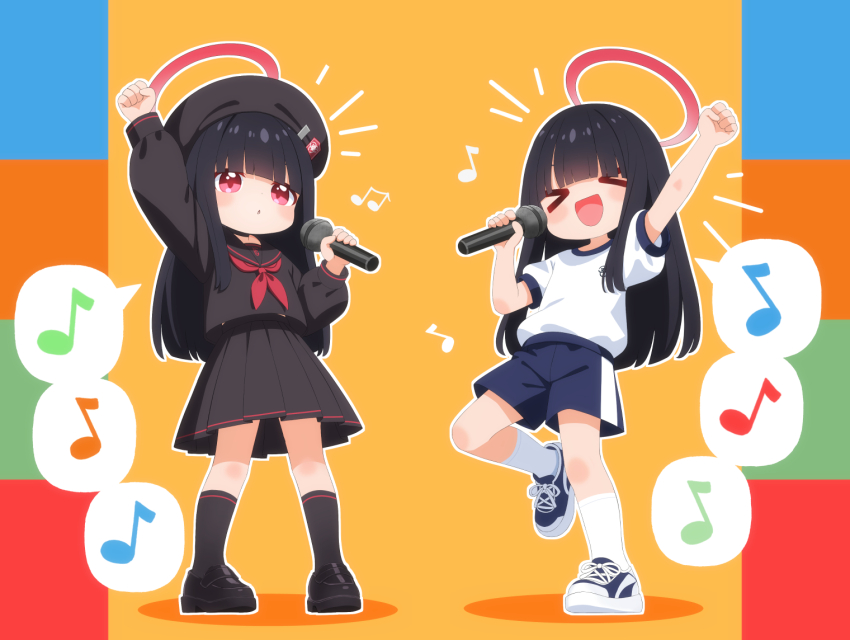 &gt;_&lt; 2girls arm_up beret black_choker black_hair black_hat black_sailor_collar black_serafuku black_shirt black_skirt black_socks blue_archive blue_shorts choker closed_mouth commentary_request dot_nose gym_shirt gym_shorts gym_uniform halo hat hime_cut holding holding_microphone justice_task_force_member_(blue_archive) loafers long_hair long_sleeves microphone multiple_girls music musical_note mutsuse neckerchief open_mouth outline pillarboxed pleated_skirt puffy_sleeves red_eyes red_halo red_neckerchief sailor_collar school_uniform serafuku shirt shoes short_sleeves shorts singing skirt socks spoken_musical_note standing standing_on_one_leg white_outline white_shirt white_socks yellow_background