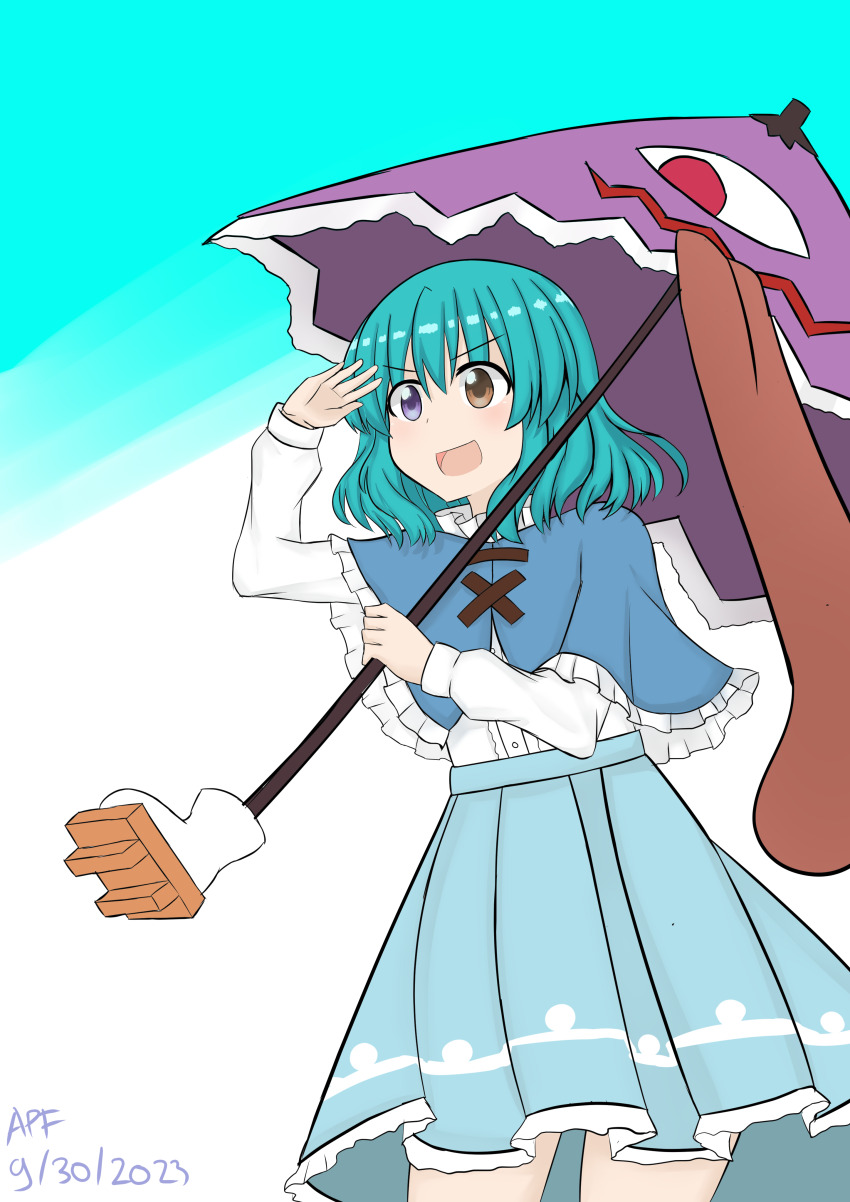 1girl absurdres apf blue_background blue_capelet blue_eyes blue_hair blue_skirt capelet commentary dated english_commentary heterochromia highres holding holding_umbrella karakasa_obake long_sleeves open_mouth purple_umbrella red_eyes short_hair signature skirt solo tatara_kogasa tongue touhou two-tone_background umbrella white_background wild_and_horned_hermit