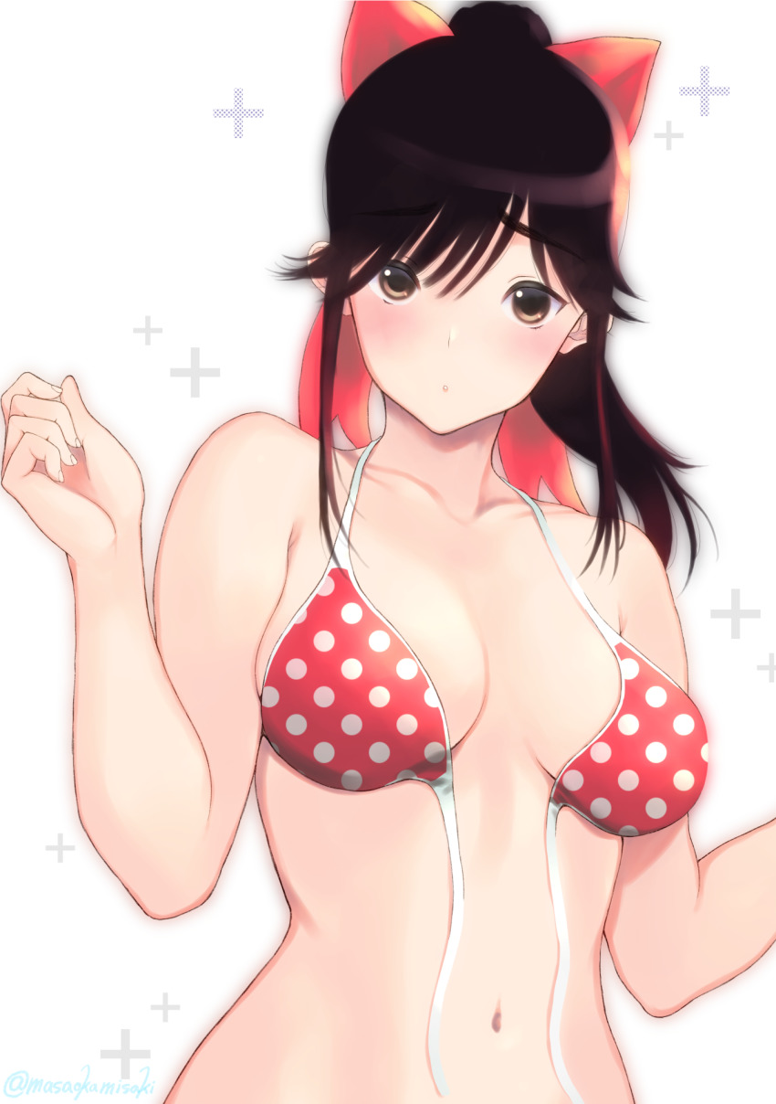 1girl :o bare_arms bikini blush breasts brown_eyes brown_hair collarbone female_focus front-tie_bikini_top front-tie_top hair_ribbon high_ponytail highres long_hair looking_at_viewer love_plus masaoka_misaki medium_breasts navel open_mouth polka_dot polka_dot_bikini polka_dot_bikini_top ponytail red_bikini red_ribbon ribbon simple_background solo swimsuit takane_manaka untied_bikini upper_body white_background