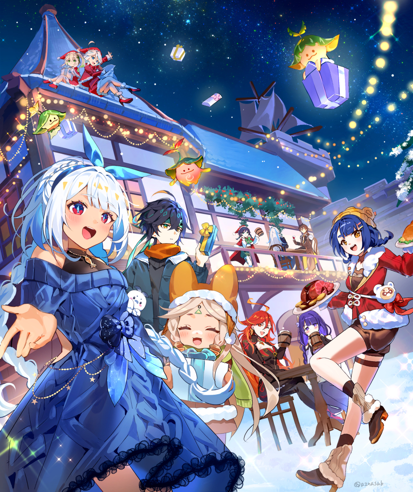 4boys 6+girls :d ^_^ absurdres ahoge aranara_(genshin_impact) azna bare_shoulders black_hair blonde_hair blue_bow blue_dress blue_eyes blue_hair blue_hairband blue_jacket blue_pupils blush bow braid breasts brown_coat brown_hair closed_eyes closed_mouth coat commentary crossed_bangs cup diamond-shaped_pupils diamond_(shape) dress drinking earrings english_commentary floating food fur-trimmed_dress fur-trimmed_headwear fur-trimmed_jacket fur_trim furina_(genshin_impact) genshin_impact gift green_eyes guoba_(genshin_impact) hair_between_eyes hairband hand_up hat heterochromia high_heels highres holding holding_cup holding_gift holding_tray jacket jewelry kachina_(genshin_impact) kinich_(genshin_impact) light_blue_hair long_hair long_sleeves mavuika_(genshin_impact) medium_breasts medium_hair mualani_(genshin_impact) multicolored_hair multiple_boys multiple_girls nahida_(genshin_impact) necklace neuvillette_(genshin_impact) night night_sky off-shoulder_dress off_shoulder on_roof one_eye_closed open_mouth orange_hat orange_scarf outdoors pom_pom_(clothes) raiden_shogun red_dress red_eyes red_footwear red_hair red_hat red_jacket santa_costume santa_hat scarf sitting sitting_on_roof sky smile socks standing standing_on_one_leg star_(sky) starry_sky sticky_honey_roast_(genshin_impact) streaked_hair sweet_madame_(genshin_impact) symbol-shaped_pupils tankard thigh_strap tray twin_braids twitter_username venti_(genshin_impact) very_long_hair white_hair white_socks xiangling_(genshin_impact) xiangling_(new_year&#039;s_cheer)_(genshin_impact) yellow_hat zhongli_(genshin_impact)